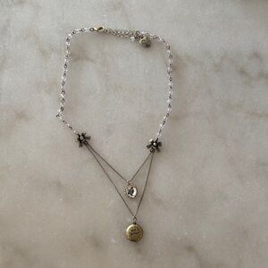 Betsey Johnson Silver-Tone Layered Necklace with Crystal and Engraved Pendant